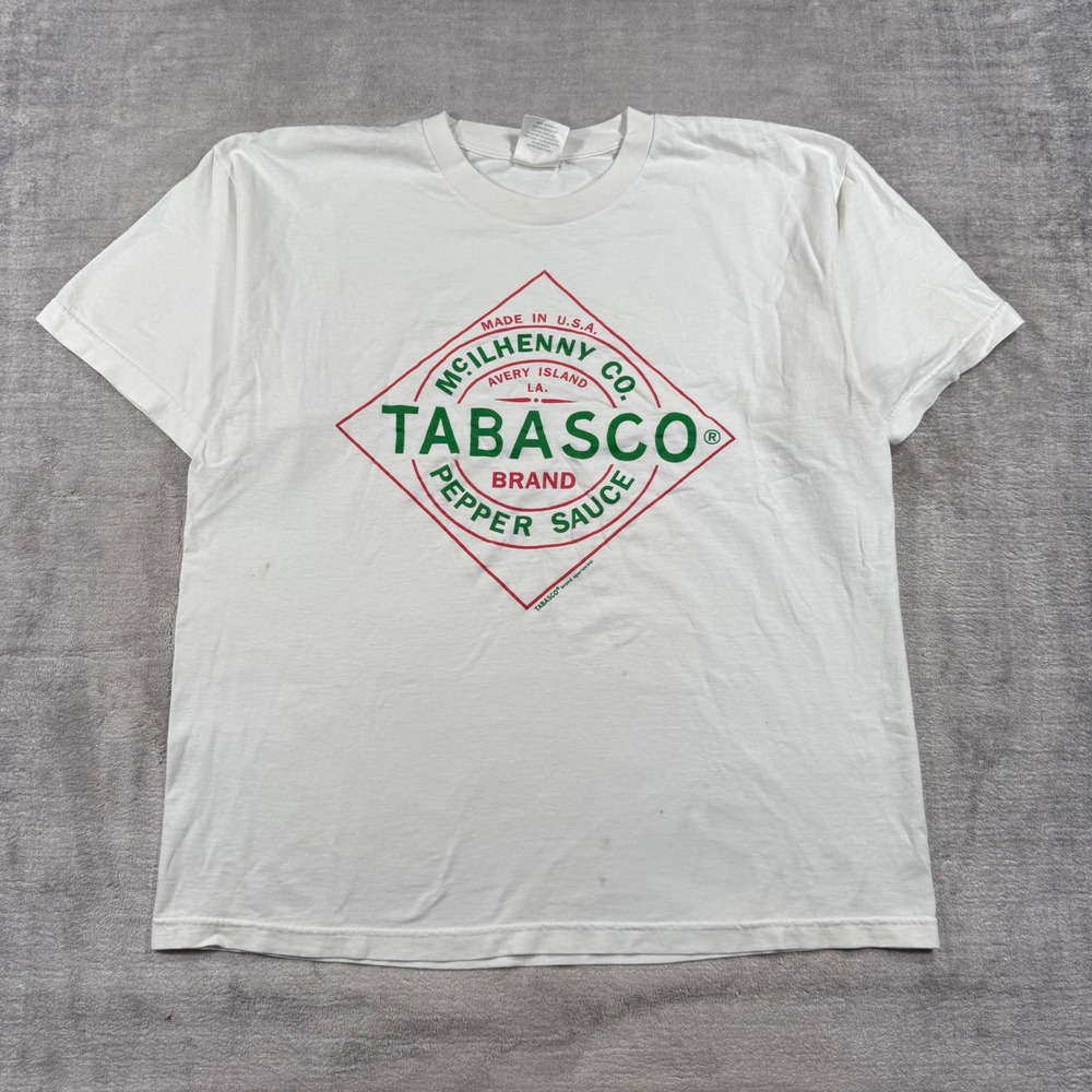 Vintage Tabasco Shirt Mens XL White Short Sleeve USA Made Logo Tee Graphic